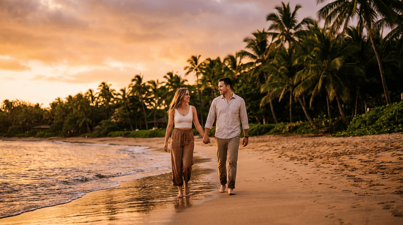 AI-generated engagement photo of couple at sunset