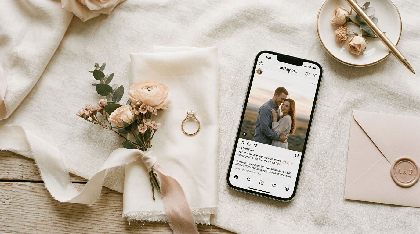 Engagement ring and phone showing Instagram caption