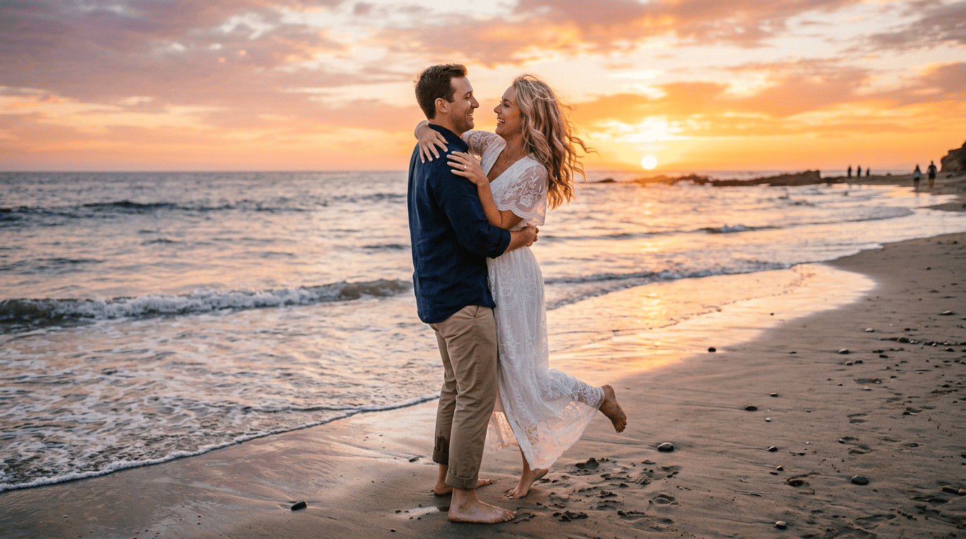 Couple in romantic engagement pose on beach at sunset