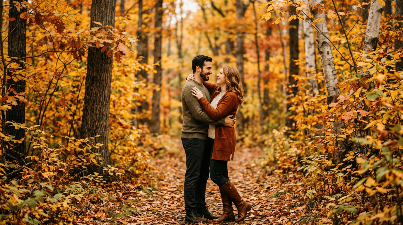 Couple in romantic engagement pose among autumn leaves