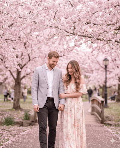 Cherry blossom spring engagement photo style
