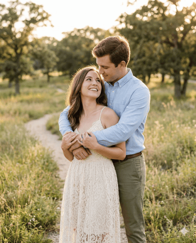 Couple in romantic back hug engagement pose - Wedlover