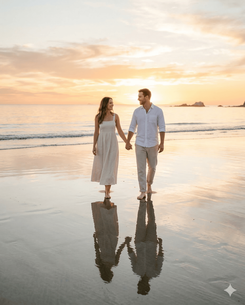 Couple at beach low tide engagement photo idea with reflection