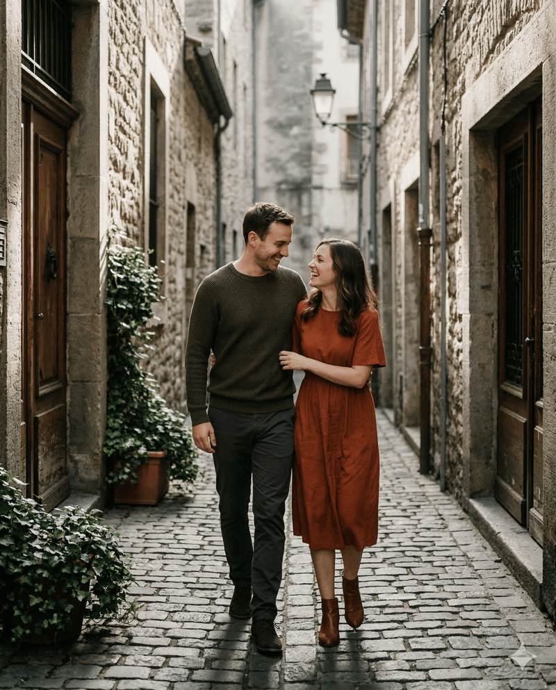 Couple in cobblestone alley urban engagement photo idea