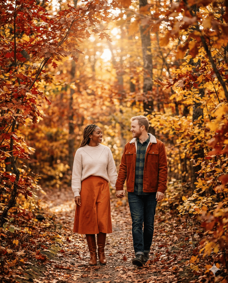 Couple walking in fall foliage seasonal engagement photo idea