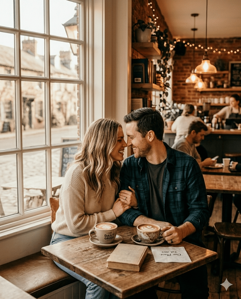 Couple at favorite cafe creative engagement photo idea