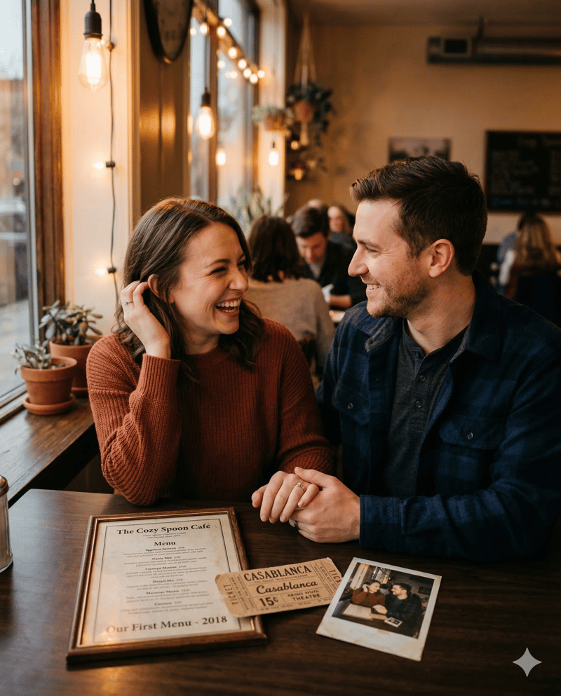 Couple recreating first date unique engagement photo idea
