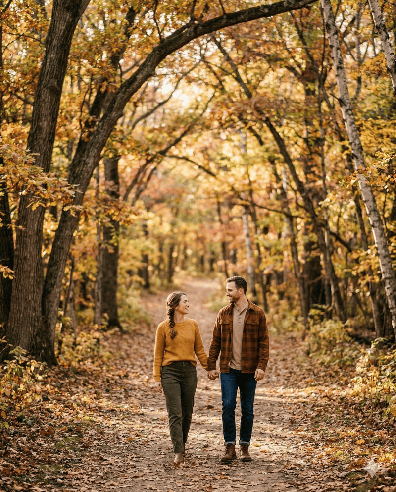 Couple on forest path outdoor engagement photo idea