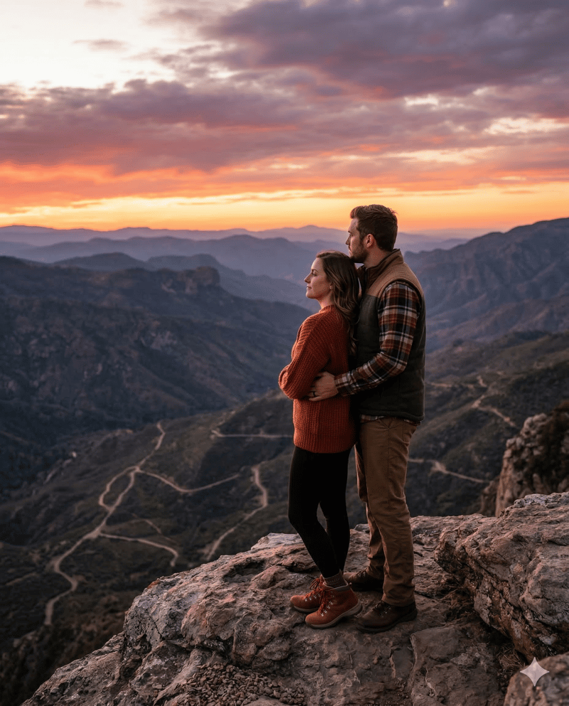 Couple at mountain overlook outdoor engagement photo idea