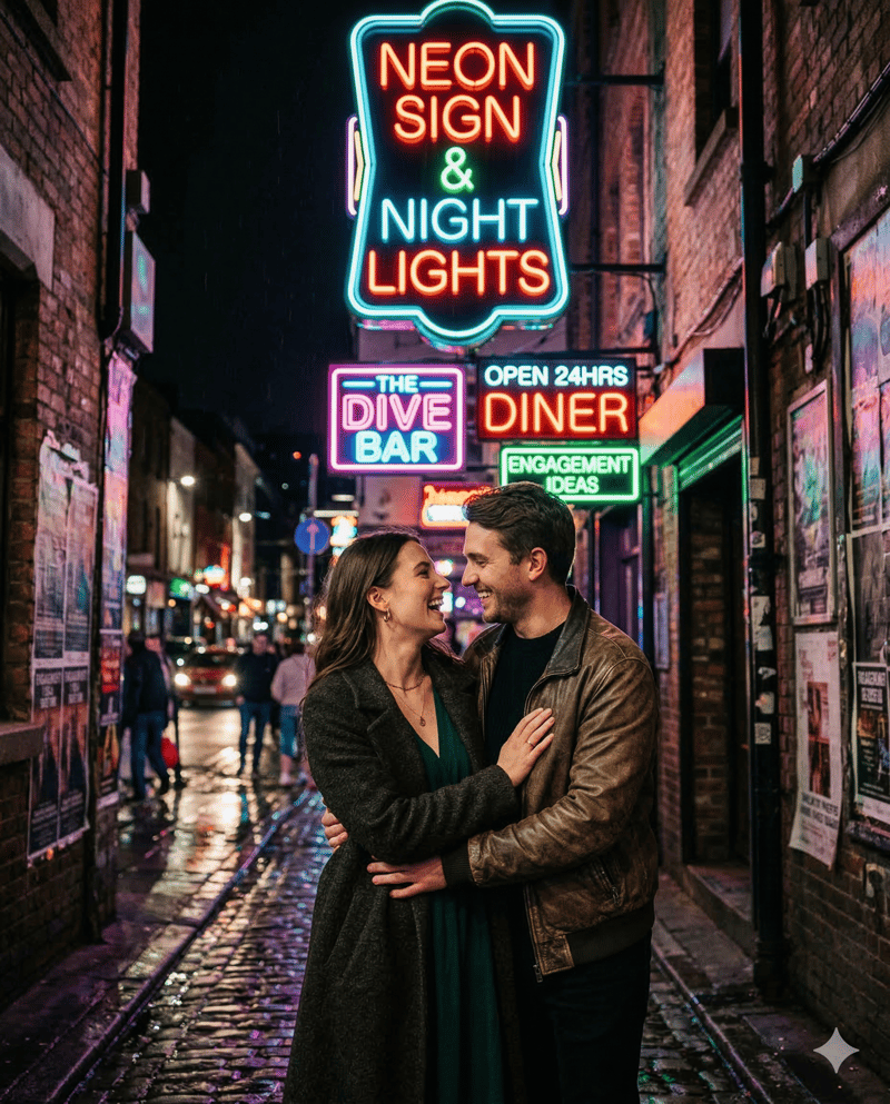Couple in front of neon signs night engagement photo idea