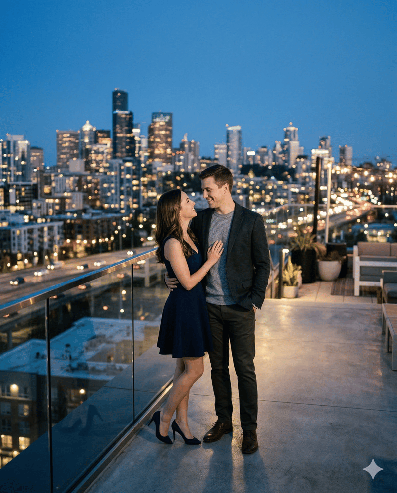 Couple on rooftop with city skyline urban engagement photo idea
