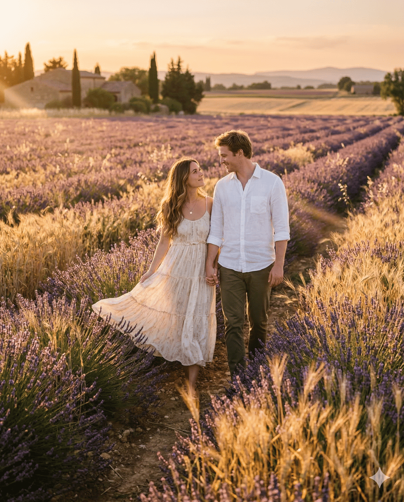 Couple in summer golden hour field engagement photo idea