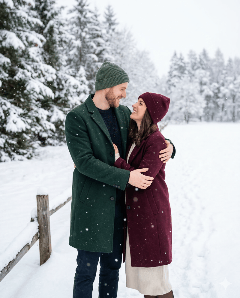Couple in winter snow seasonal engagement photo idea