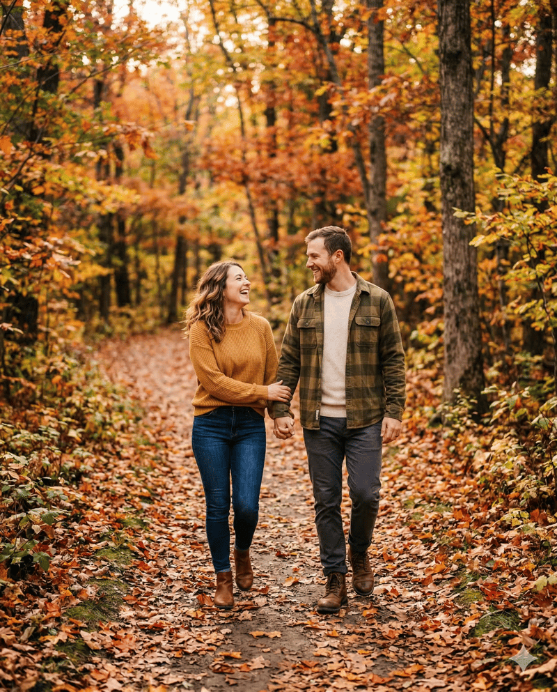 Couple on autumn woodland trail engagement photo location
