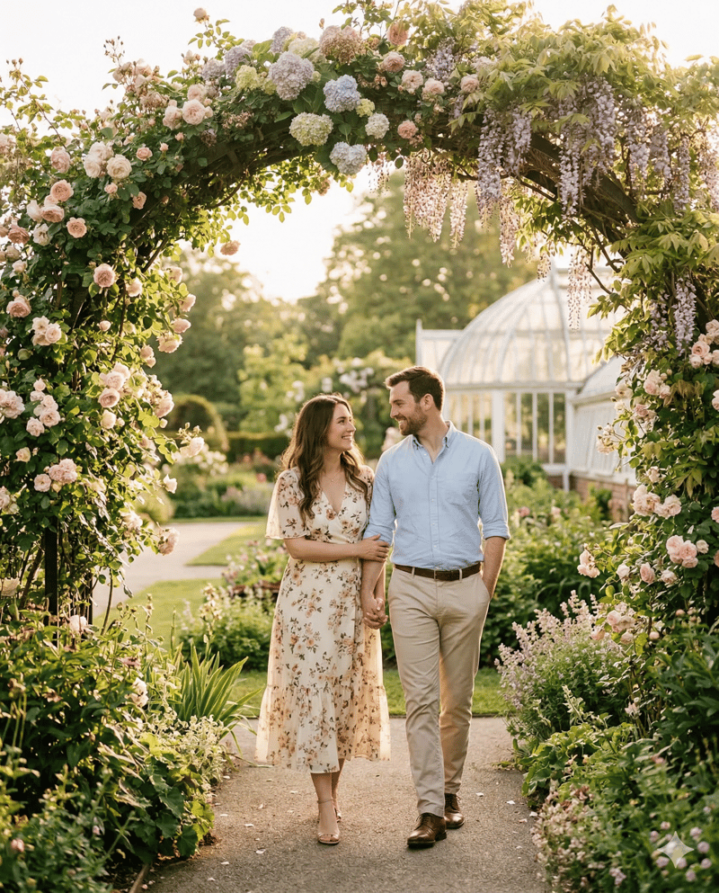 Couple in botanical garden engagement photo location