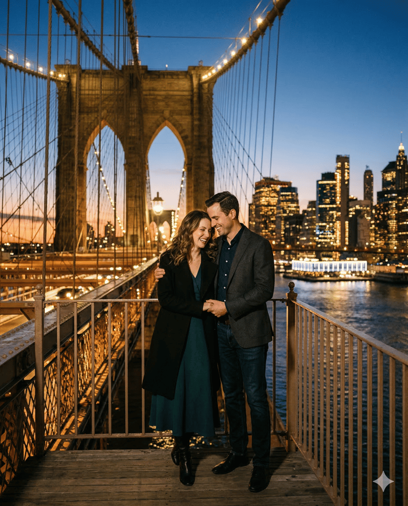 Couple on bridge waterfront urban engagement photo location