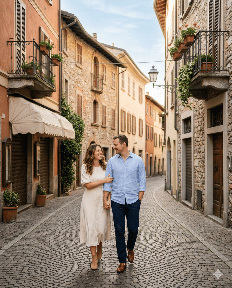 Couple in historic district old town engagement photo location