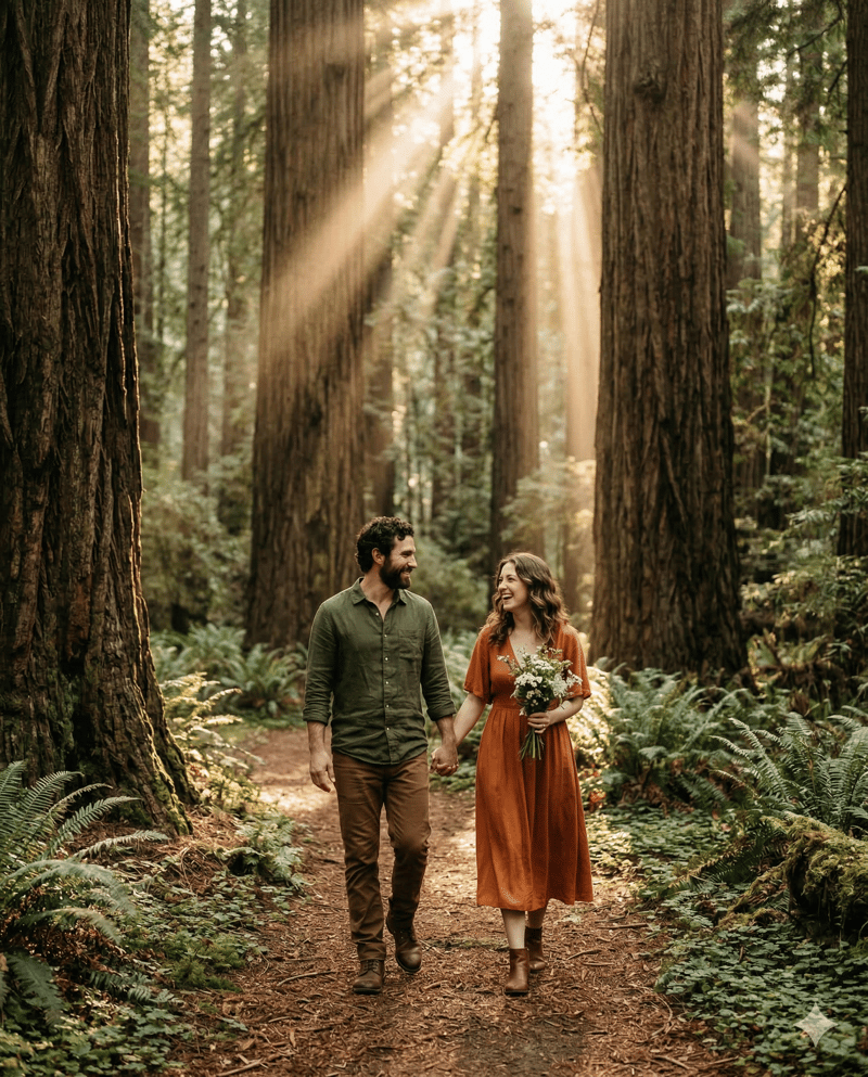Couple in redwood forest nature engagement photo location