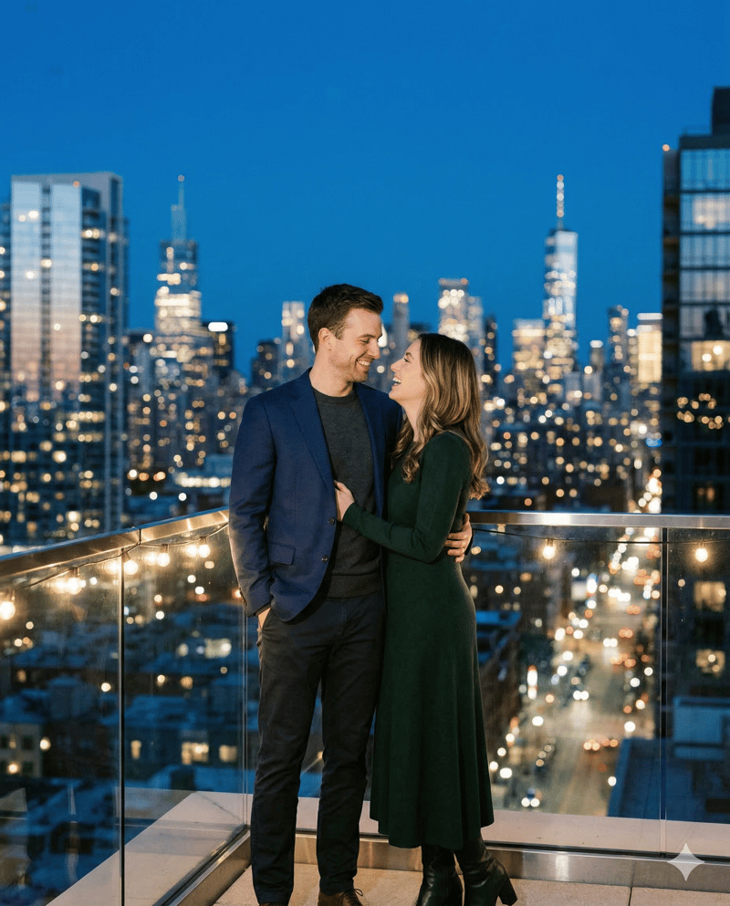 Couple on rooftop with city skyline engagement photo location