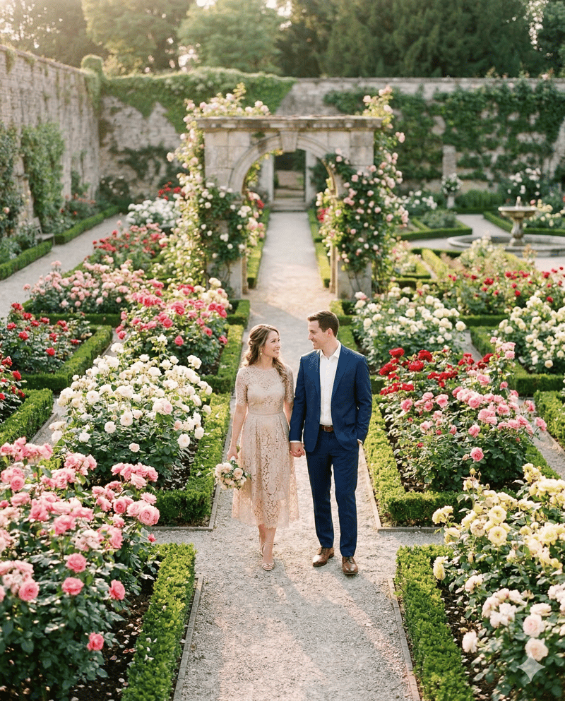 Couple in formal rose garden classic engagement photo location