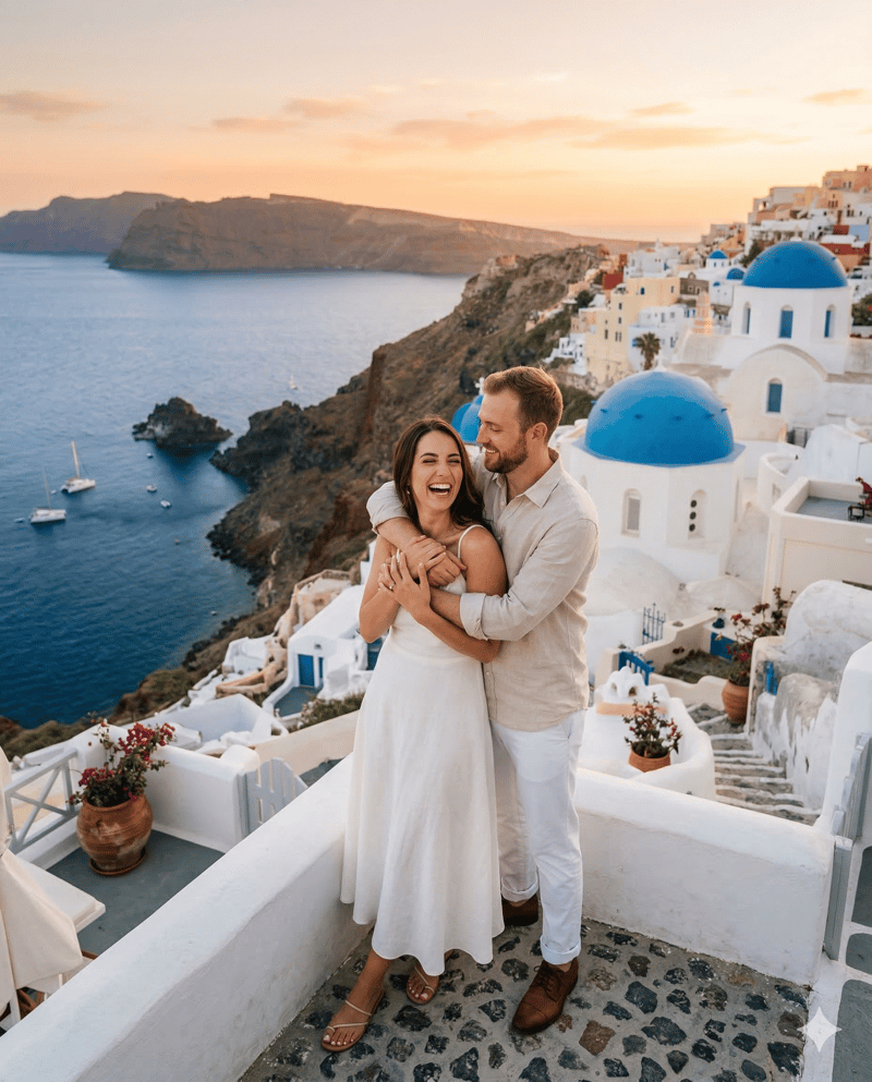 Couple in Santorini Greece destination engagement photo location