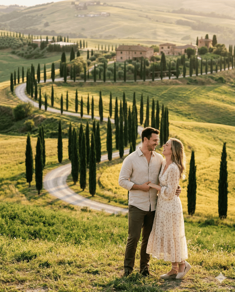 Couple in Tuscany Italy destination engagement photo location