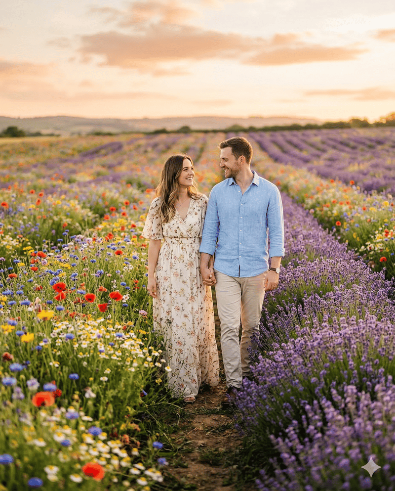 Couple in lavender wildflower field engagement photo location