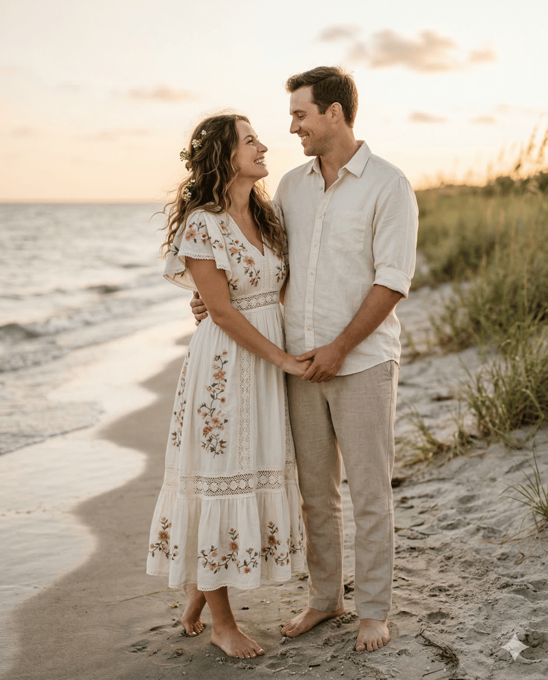 Couple in boho outfits for beach engagement photo session