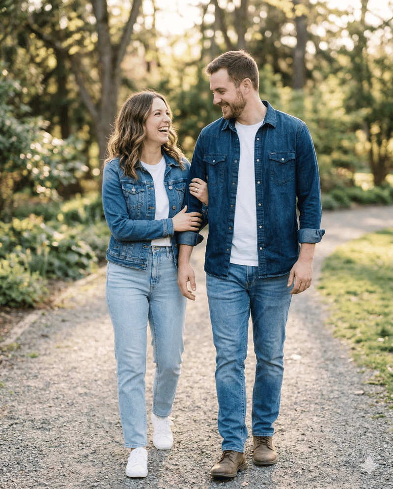 Couple in coordinated denim outfits for casual engagement photos