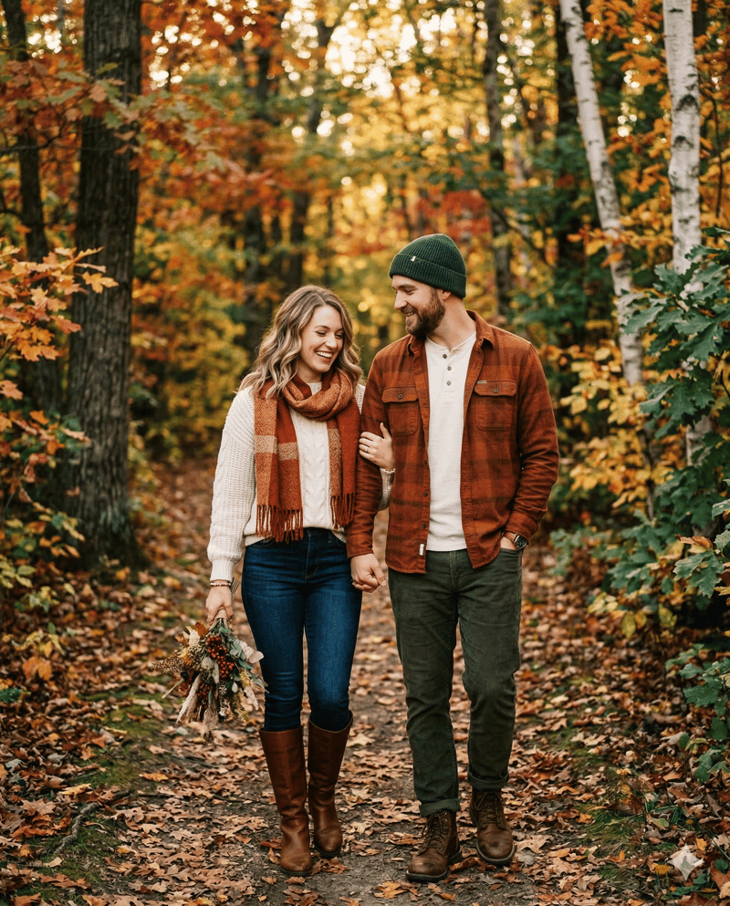 Couple in fall rust and cream layered outfits engagement photos