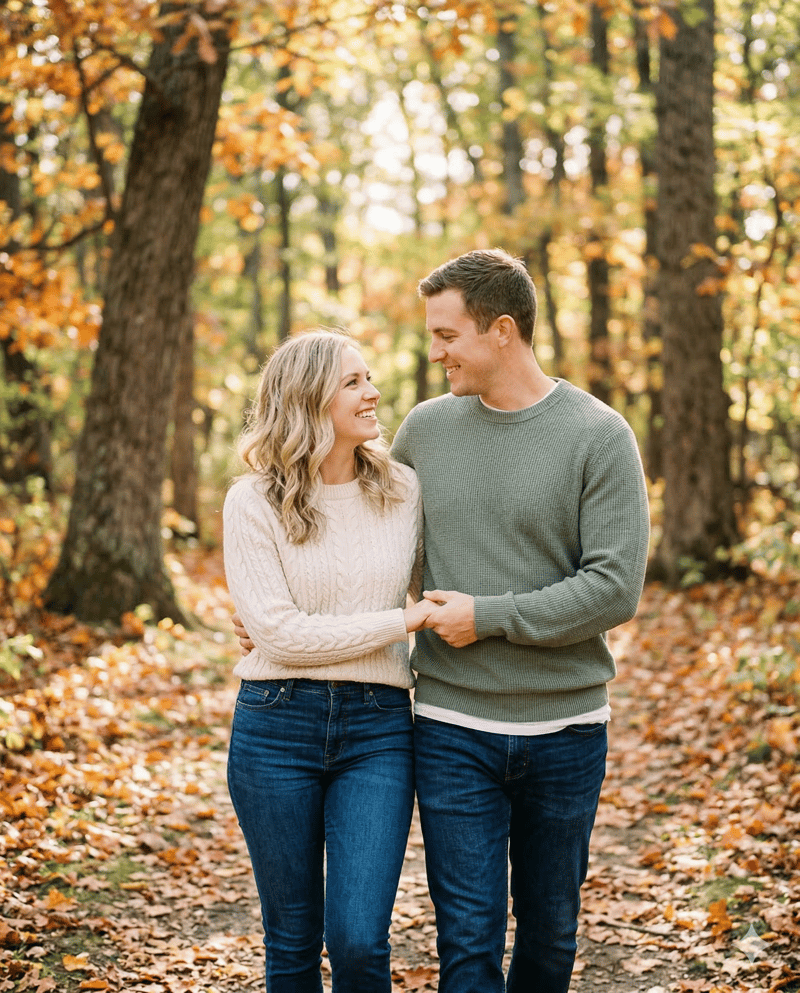 Couple in jeans and knit sweater casual engagement photo outfit