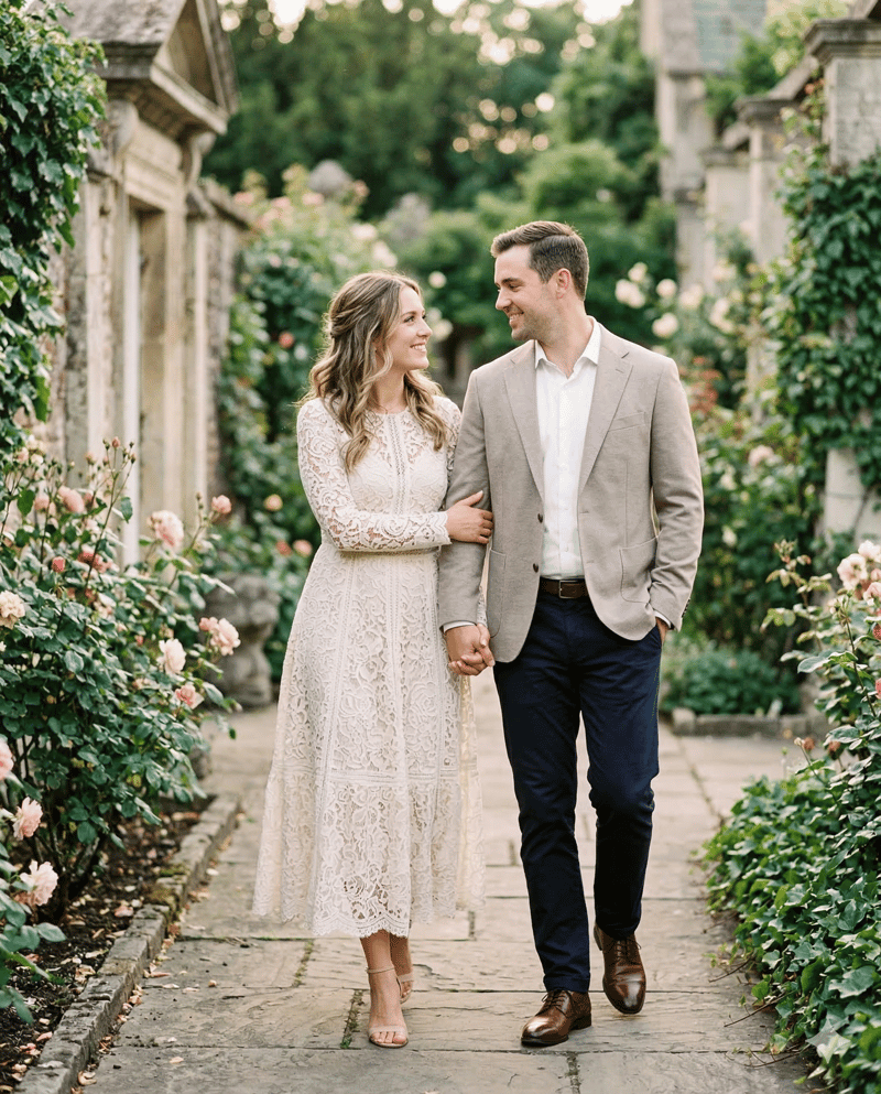Couple in lace dress and blazer engagement photo outfit idea
