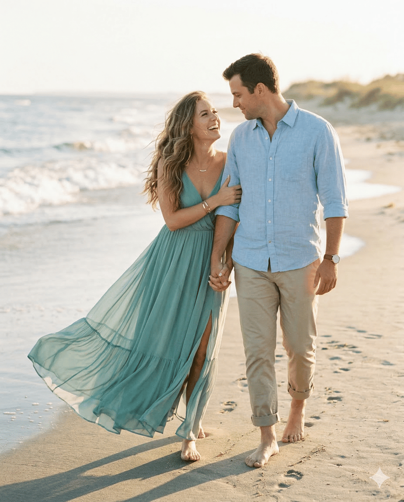 Couple in maxi dress and chinos beach engagement photo outfit