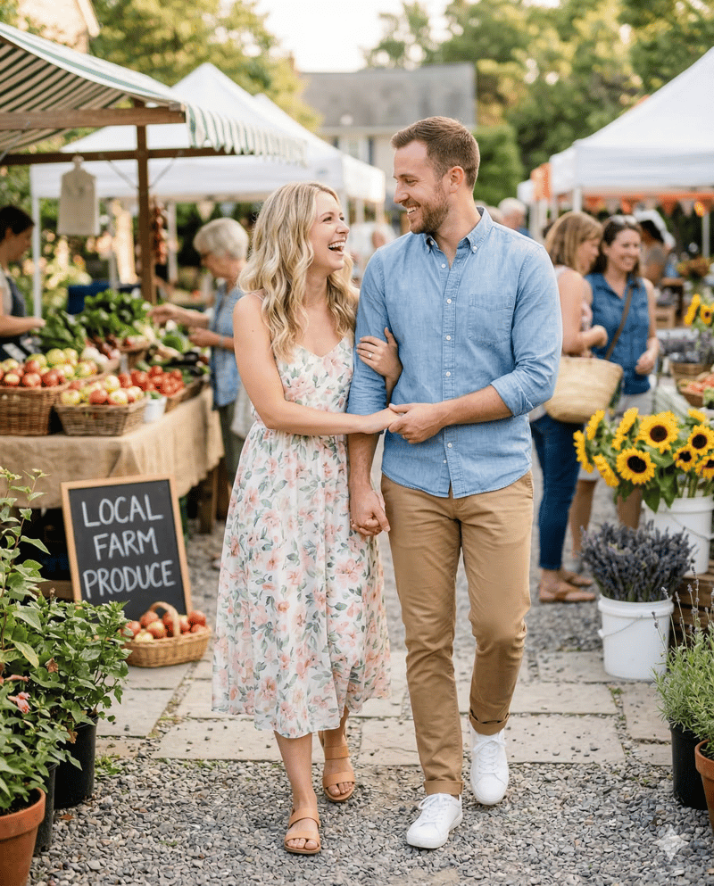 Couple in sundress and chinos casual engagement photo outfit