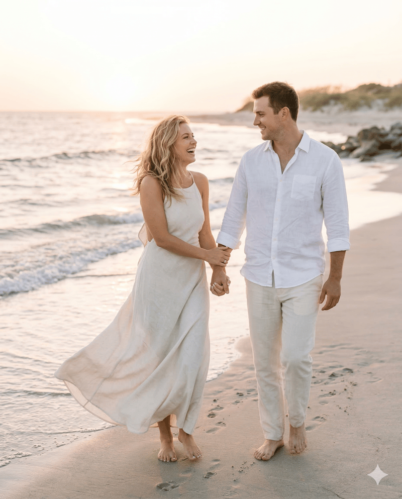 Couple in white linen outfits for beach engagement photos