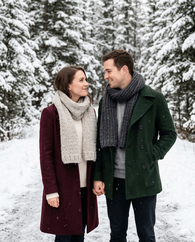 Couple in winter coats and scarves for cold weather engagement photos