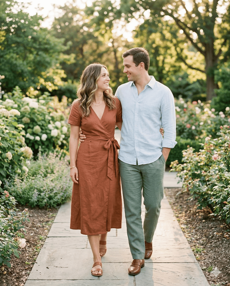 Couple in wrap dress and linen trousers casual elegant engagement outfit