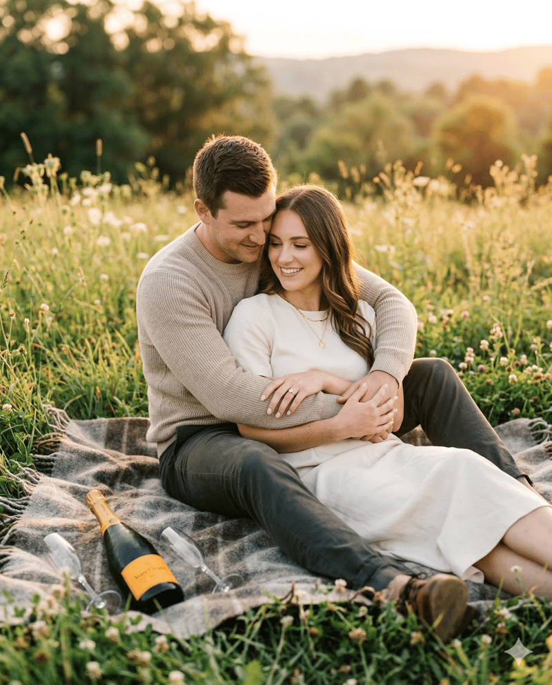 Couple sitting on blanket in relaxed engagement photo pose outdoors