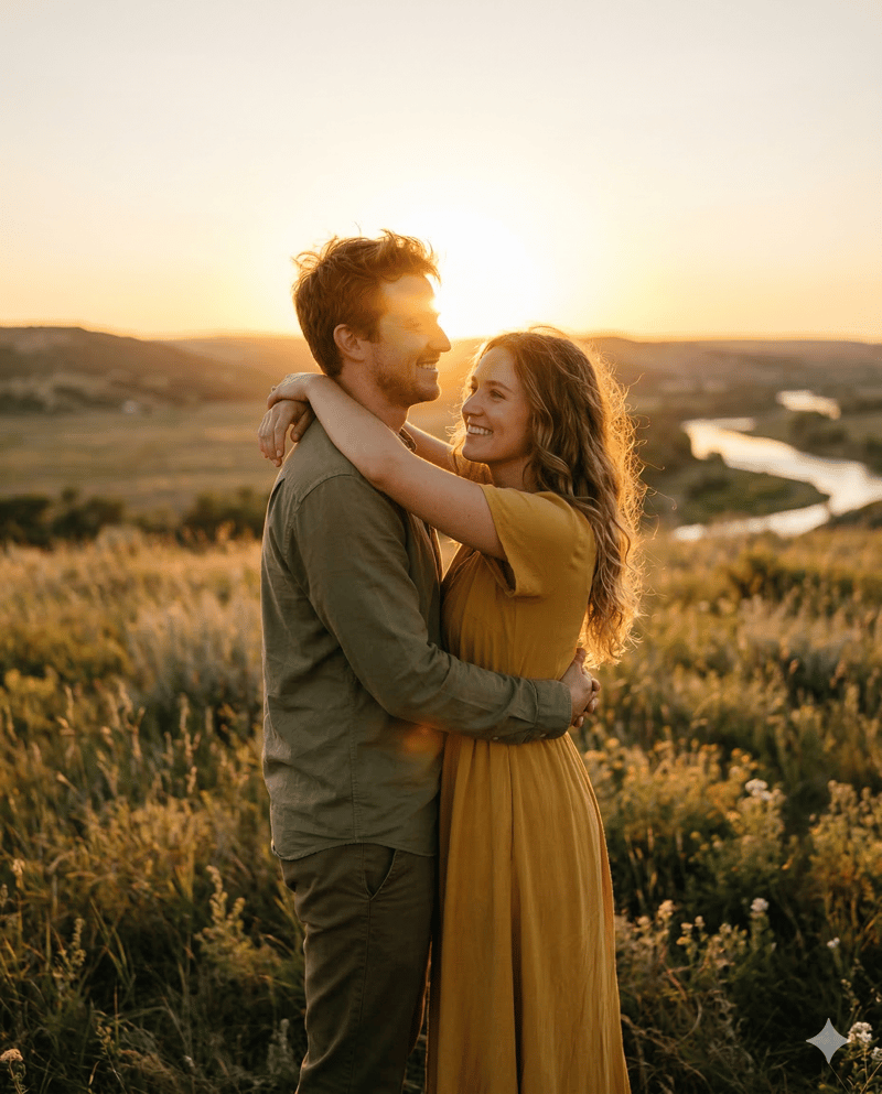 Couple golden hour embrace backlit engagement photo pose