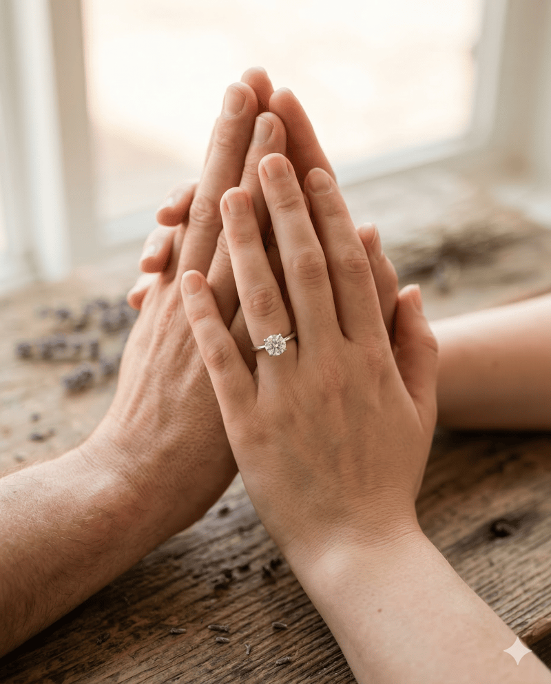 Couple hands together showing engagement ring photo pose