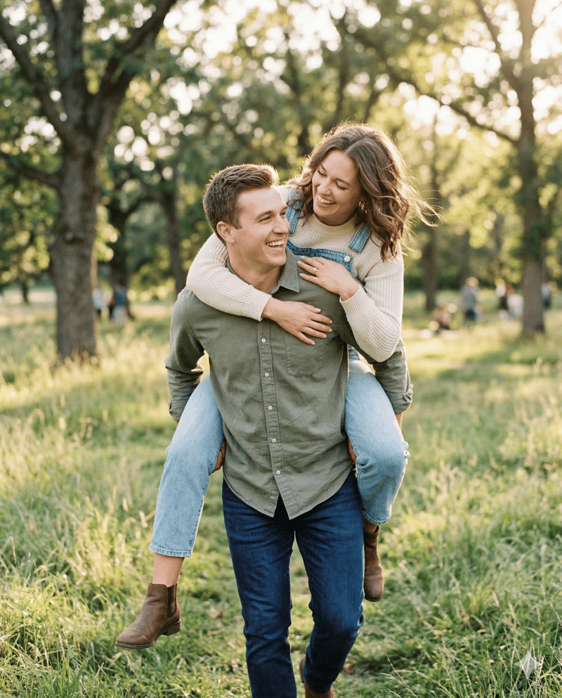 Couple doing piggyback ride fun engagement photo pose in park