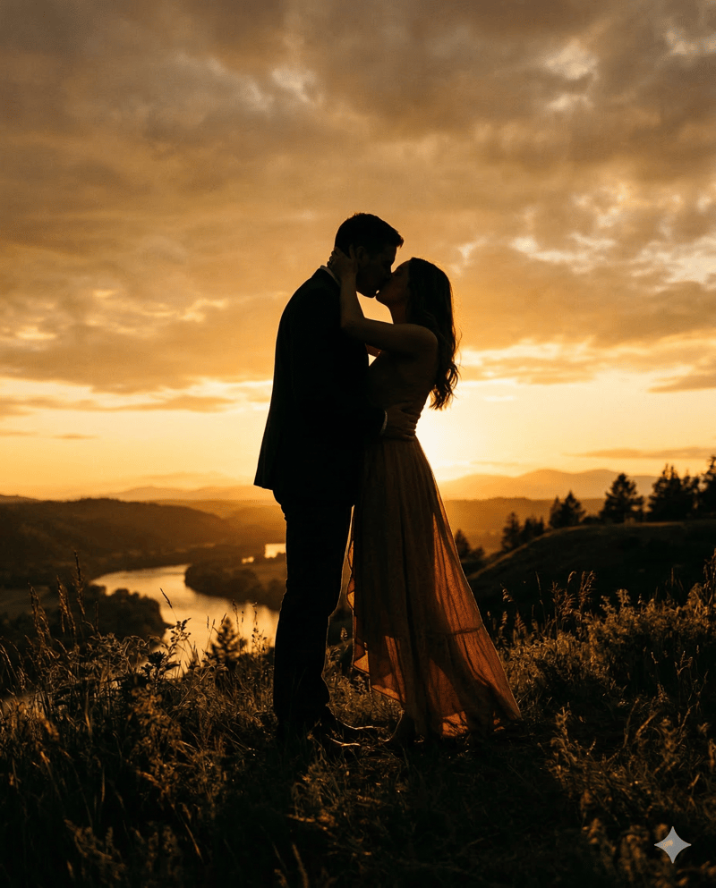 Couple silhouette kiss engagement photo pose at sunset