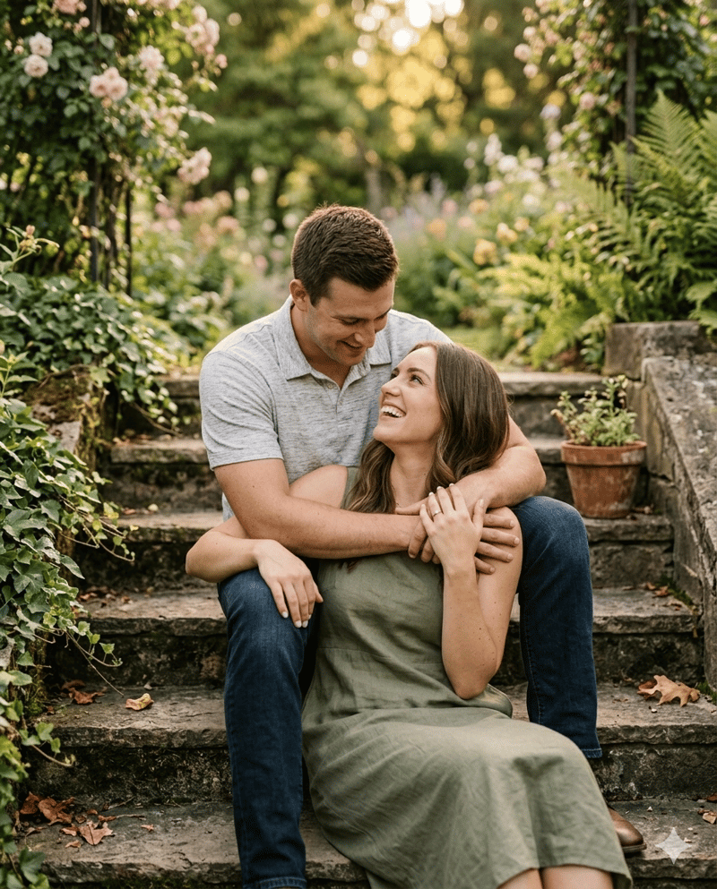 Couple sitting on staircase in intimate engagement photo pose