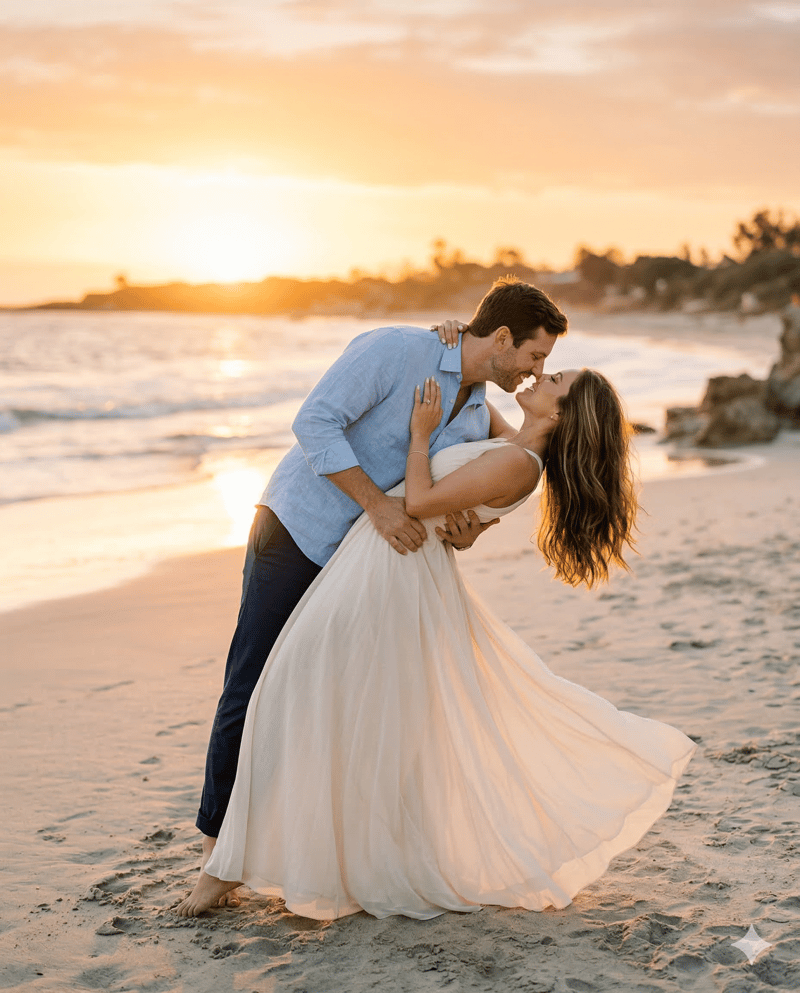 Couple in romantic dip engagement photo pose at sunset