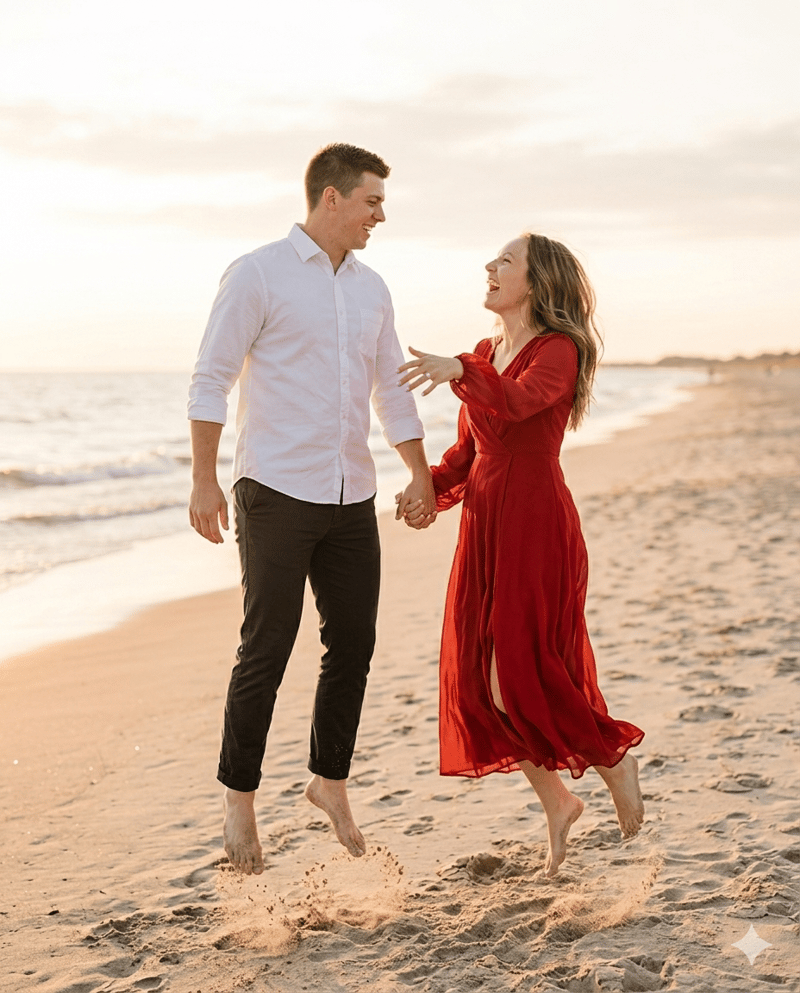 Couple jumping together in fun playful engagement photo pose