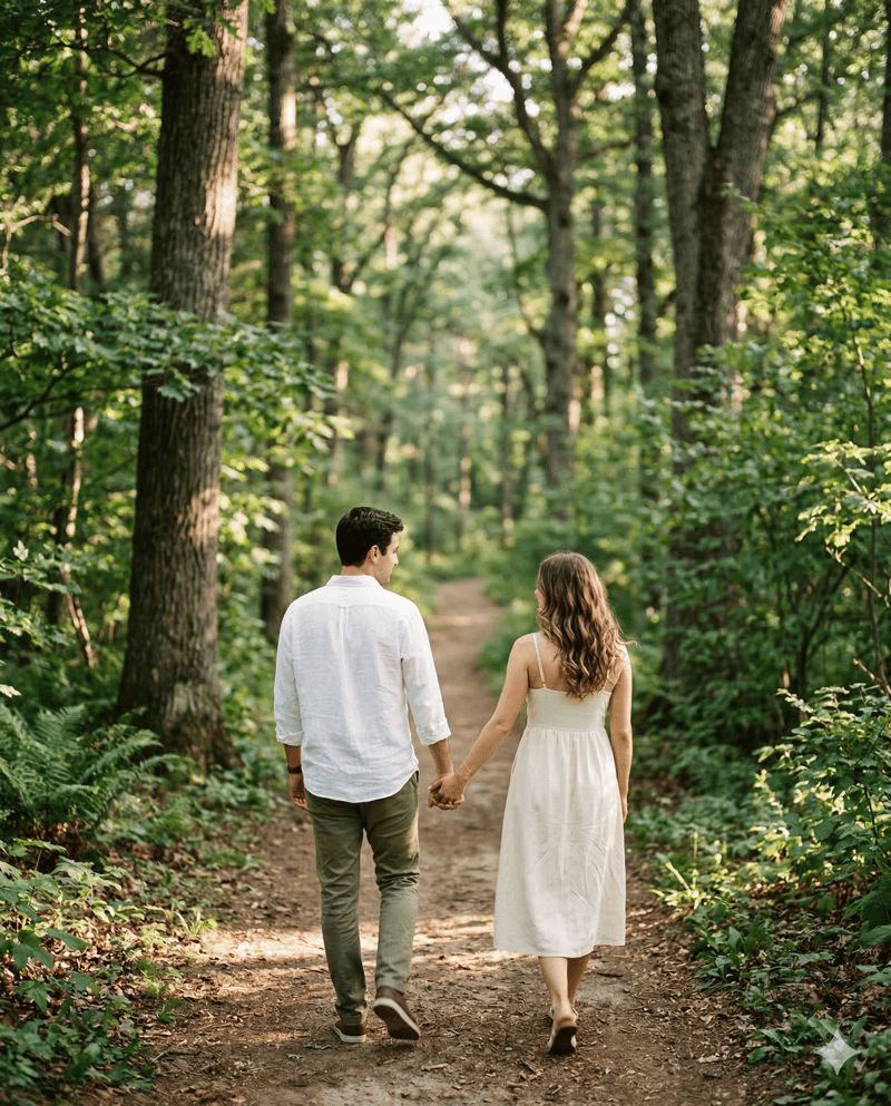 Couple walking away together down a path engagement photo pose